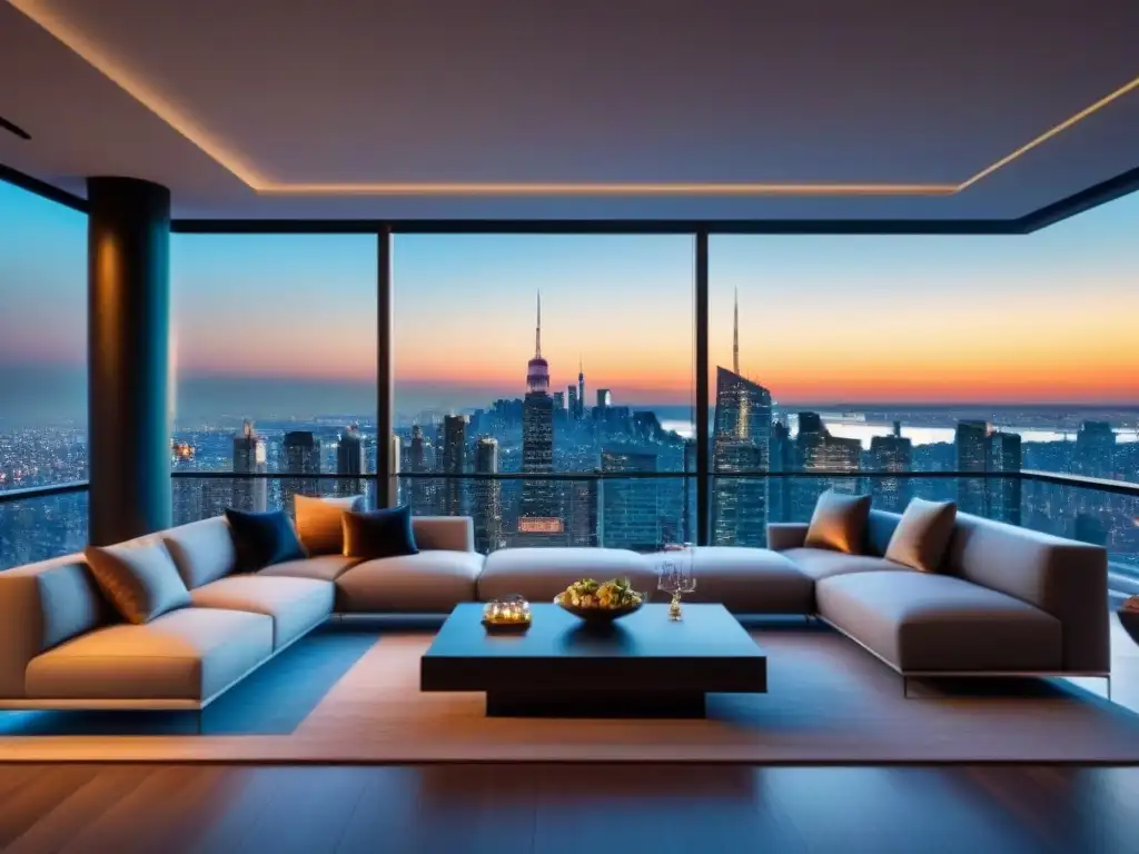 Penthouse de lujo con vista panorámica a la ciudad al atardecer Vista panorámica de un lujoso ático moderno con diseño elegante en la zona alta de la ciudad al atardecer