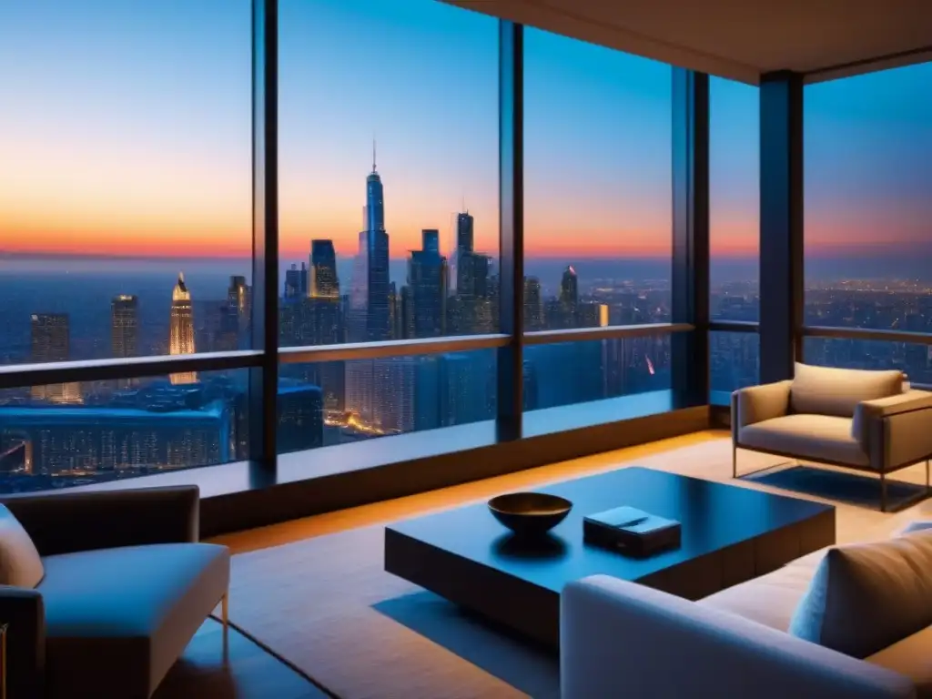 Penthouse de lujo con vistas a la ciudad al atardecer Vista panorámica de un lujoso ático moderno con anuncios alto impacto negocio inmobiliario