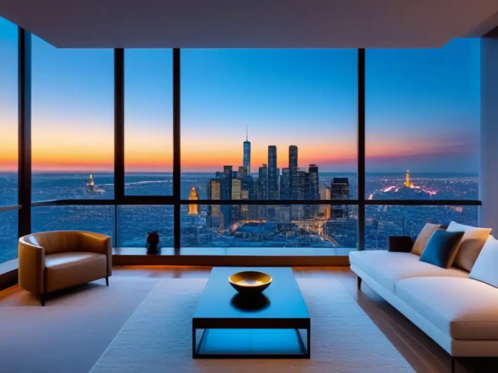 Penthouse de lujo con vistas panorámicas al atardecer Vista panorámica de un lujoso ático moderno al atardecer, con diseño contemporáneo y decoración minimalista