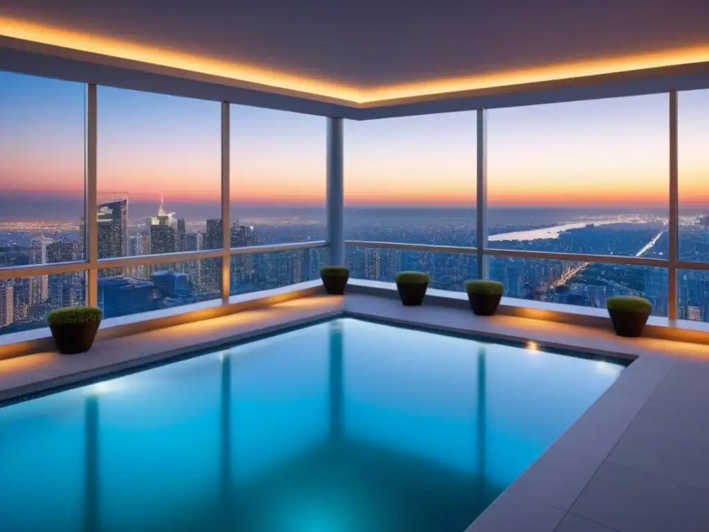 Condominio de lujo con vista a la ciudad al atardecer Vista panorámica de un lujoso condominio en un rascacielos, ideal para inversores internacionales en búsqueda de préstamos inmobiliarios