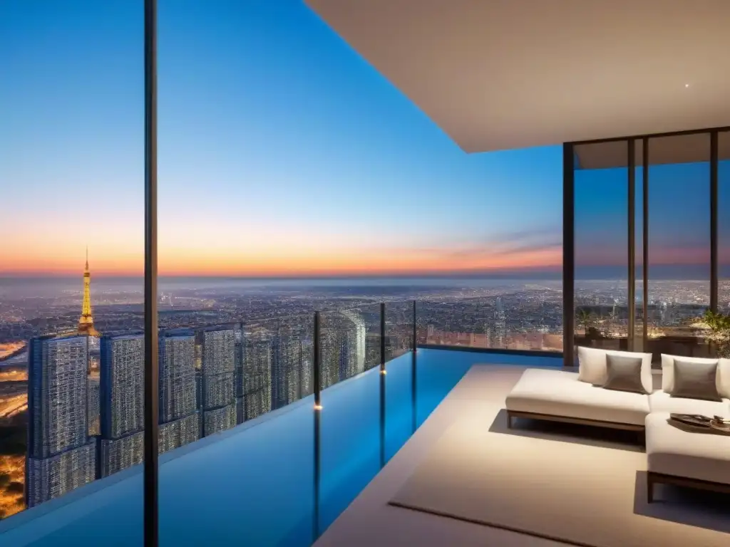 Vista panorámica de un lujoso edificio de apartamentos en una ciudad vibrante al atardecer