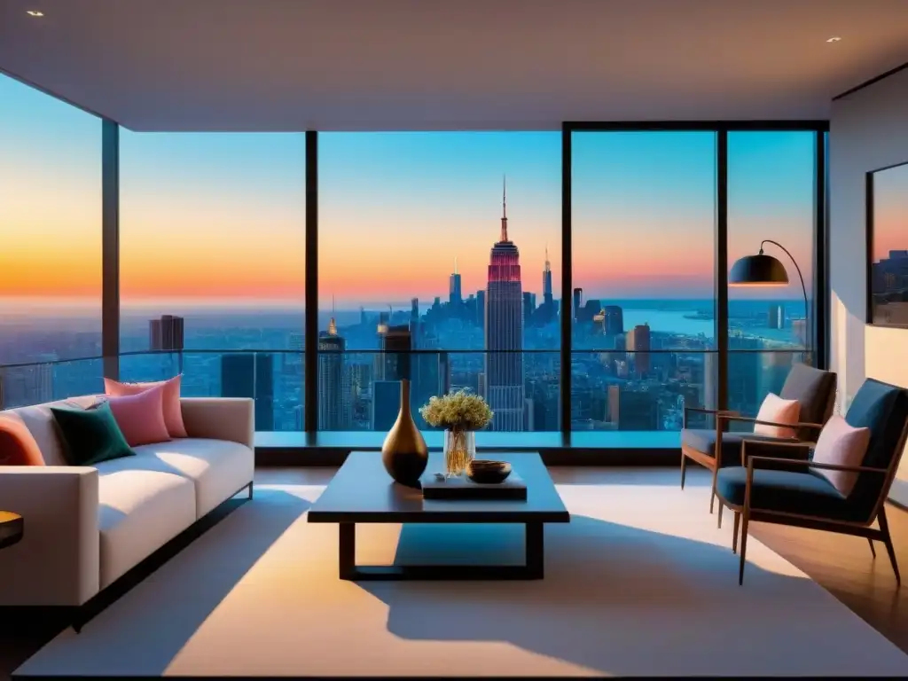 Penthouse de lujo con vista panorámica a la ciudad en 8k Vista panorámica de un lujoso penthouse moderno con terraza, mobiliario elegante y vista a la ciudad