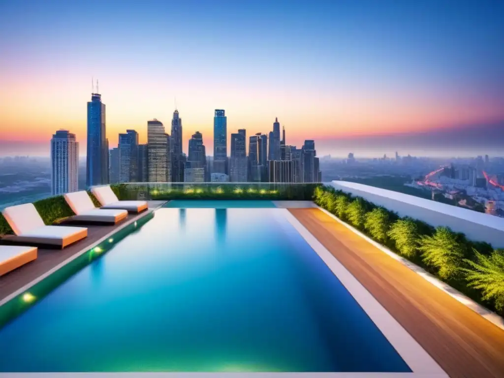 Edificio de lujo con piscina en la azotea y vistas urbanas al atardecer Vista panorámica de un lujoso rascacielos moderno con piscina en la azotea y luces doradas, en una ciudad al atardecer