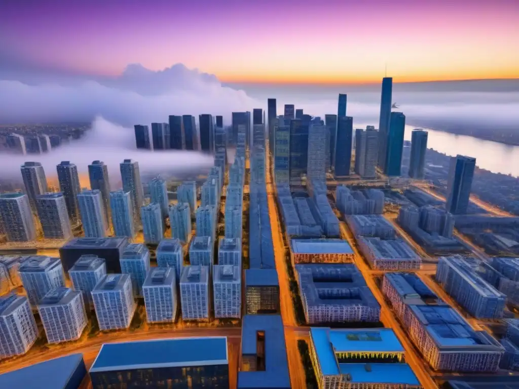 Inversiones urbanas: Paisaje dinámico de una ciudad emergente Vista panorámica de un mercado inmobiliario emergente, diversidad de edificios modernos y profesionales discutiendo