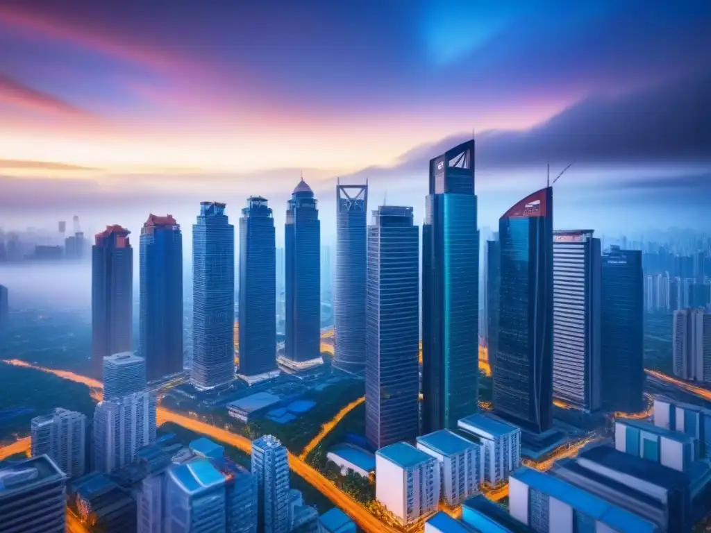 Horizonte futurista: Skyline moderno en una ciudad asiática vibrante Vista panorámica de una metrópolis asiática en crecimiento, con rascacielos modernos y calles llenas de vida