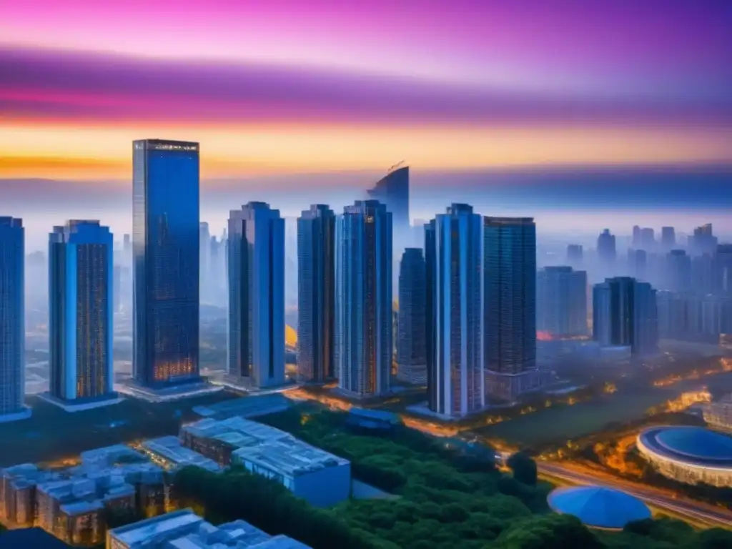 Horizonte urbano moderno al atardecer: real estate vibrante Vista panorámica de una moderna ciudad al anochecer, con edificios residenciales y comerciales iluminados