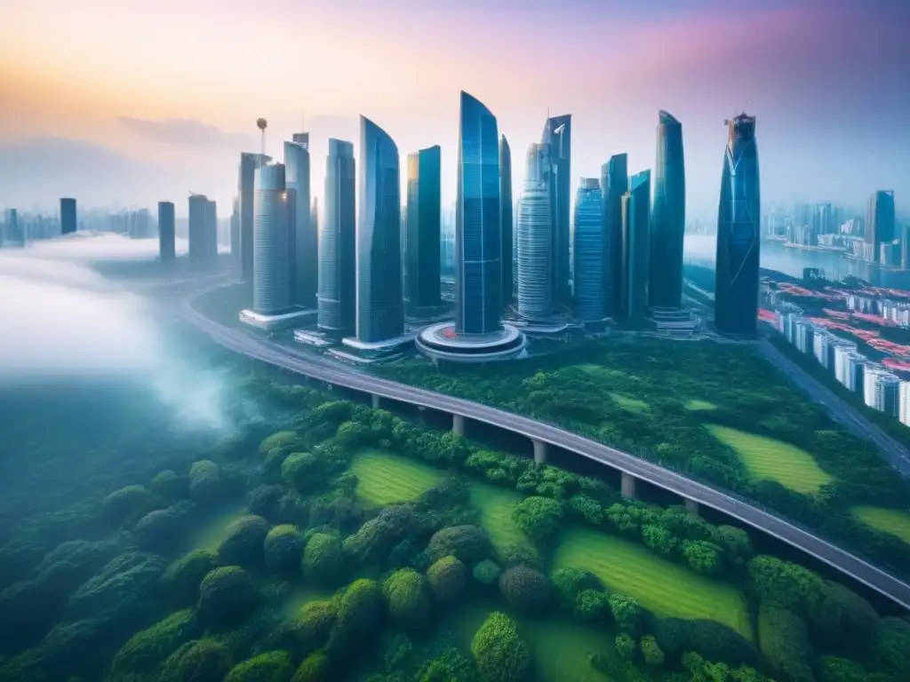 Horizonte urbano de Asia: rascacielos y gente en acción Vista panorámica de la moderna ciudad asiática con rascacielos y bulliciosas calles, reflejando progreso y sofisticación