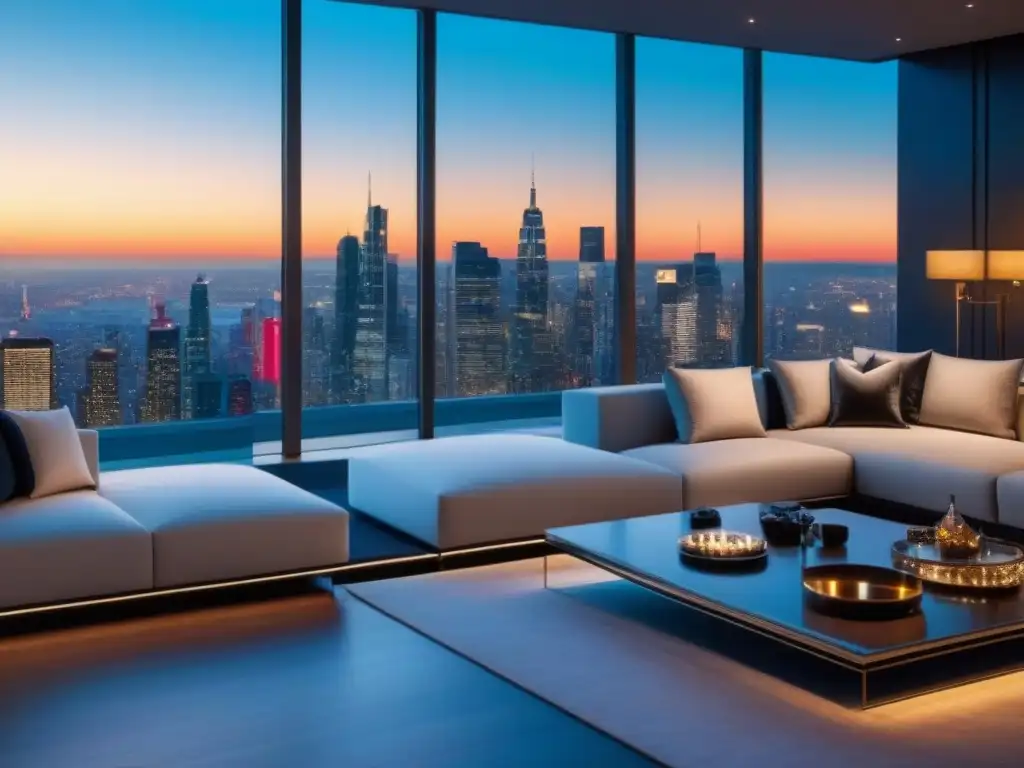 Vista panorámica de penthouse de lujo con mobiliario elegante en ciudad, clave en refinanciamiento inmuebles lujo