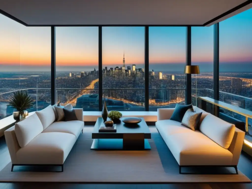 Penthouse de lujo en la ciudad: diseño elegante y vistas panorámicas Vista panorámica de penthouse de lujo con mobiliario elegante y decoración lujosa