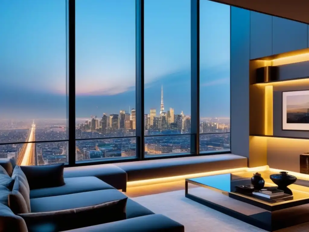 Penthouse de lujo con vista urbana panorámica Vista panorámica de penthouse moderno de lujo con diseño elegante y sofisticado