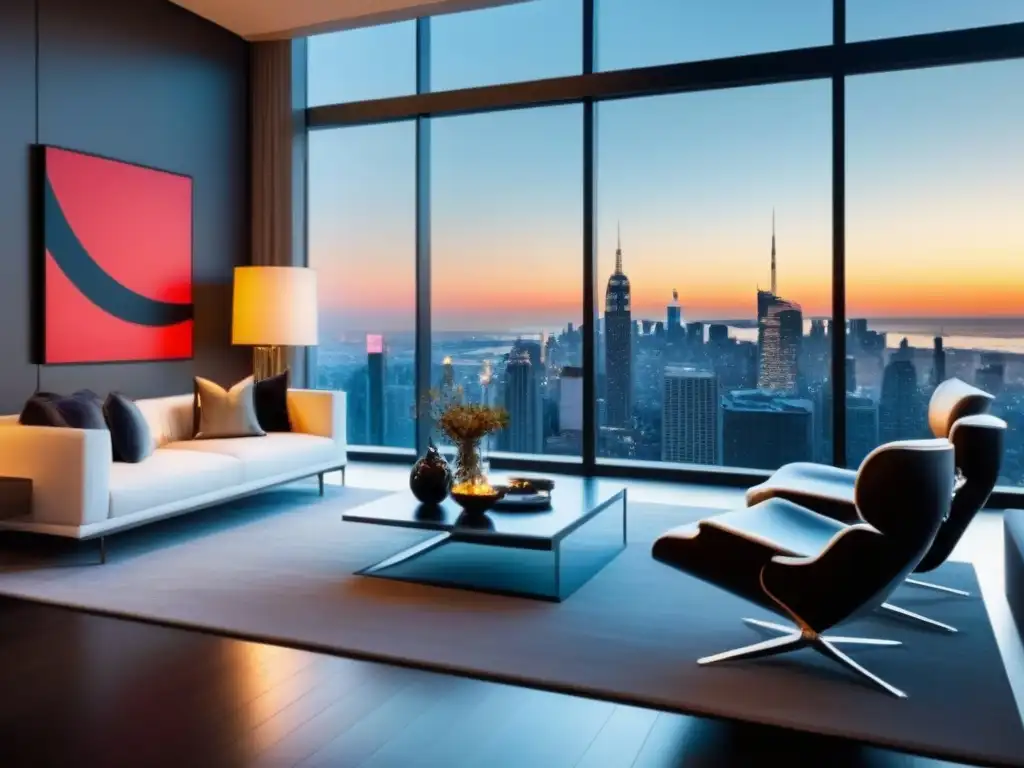 Vista panorámica penthouse moderno de lujo en ciudad vibrante, con diseño elegante, muebles refinados y paleta de colores sofisticada