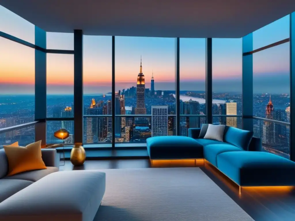 Penthouse de lujo: diseño moderno en la ciudad Vista panorámica de penthouse moderno y lujoso con mobiliario contemporáneo y ventanales