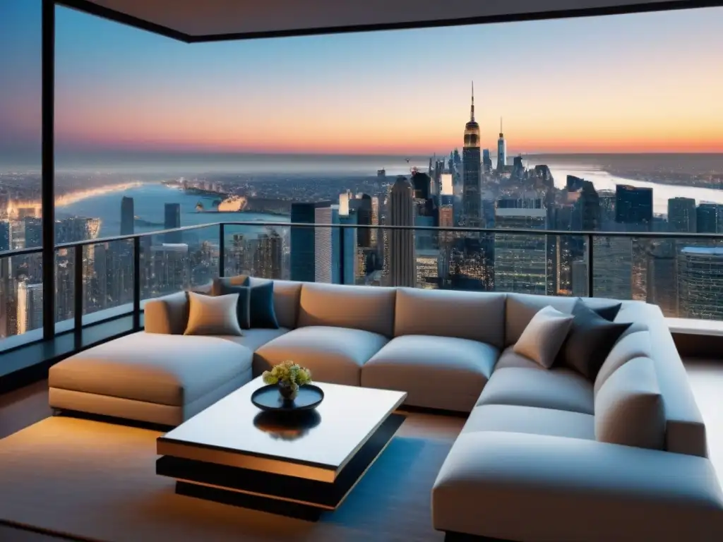 Salón moderno de lujo con vistas urbanas al atardecer Vista panorámica de sala moderna en apartamento de lujo con estrategias para optimizar ganancias al vender inmuebles
