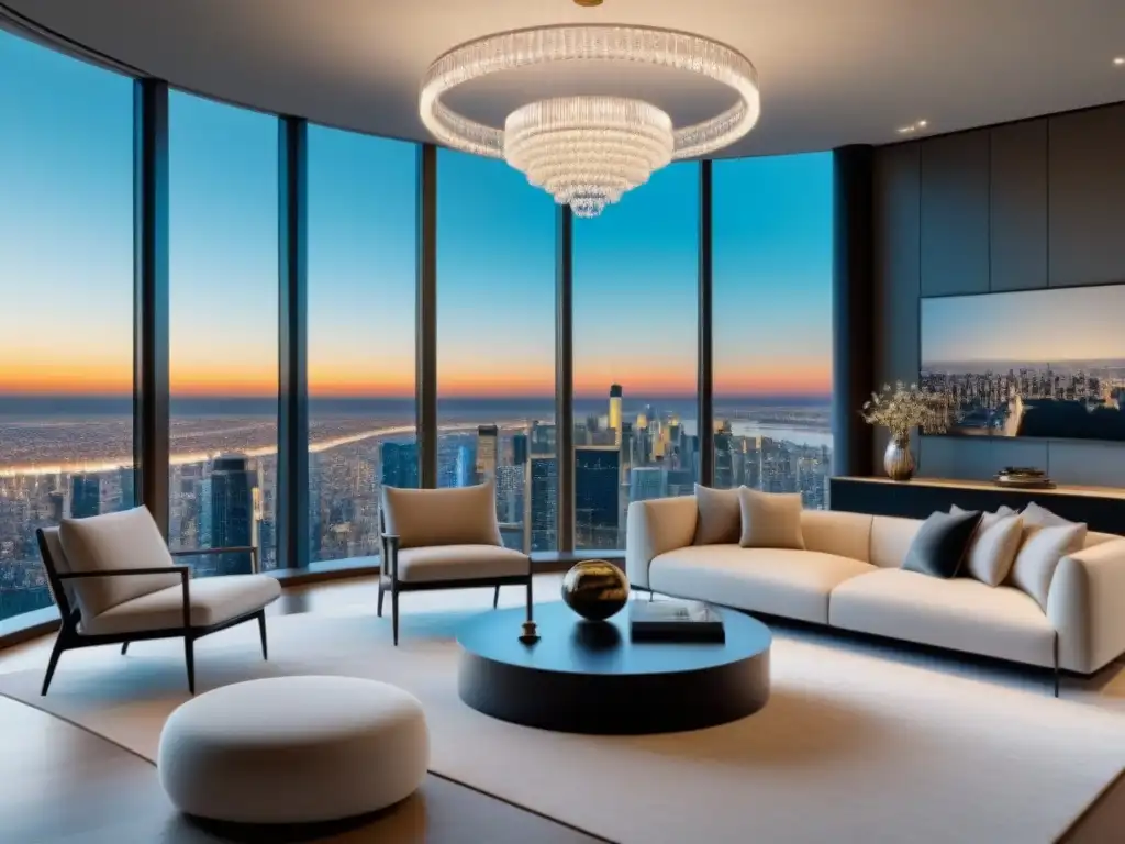 Diseño moderno y elegante en sala de lujo con vista urbana en 8k Vista panorámica de sala moderna en propiedad de lujo