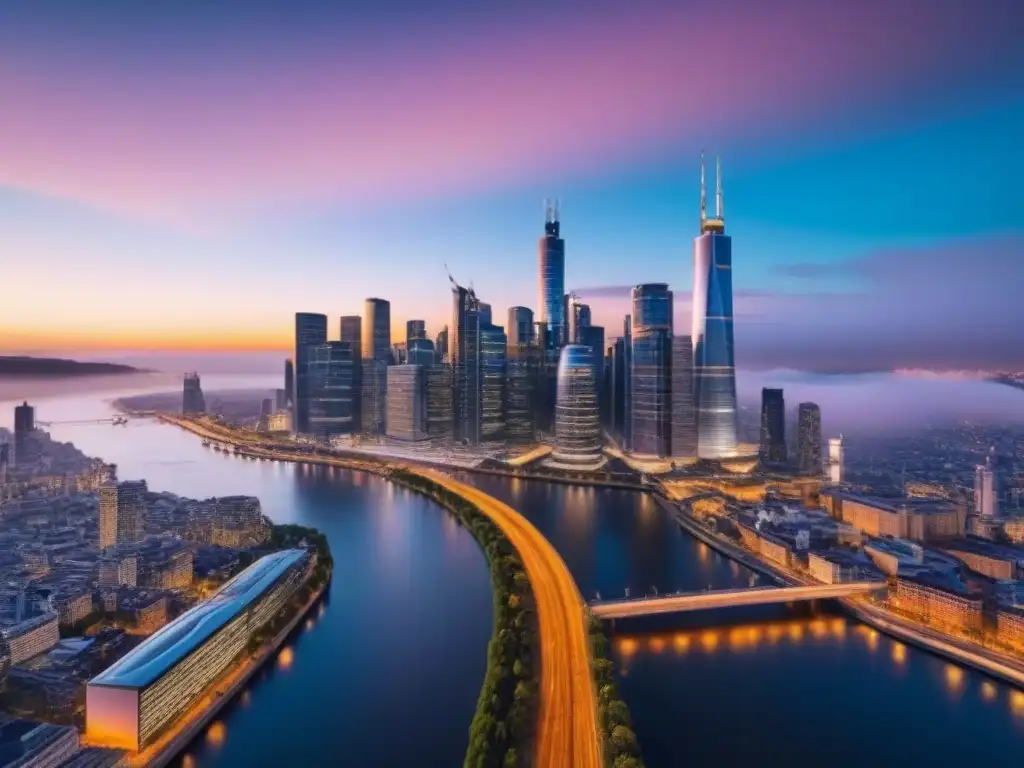 Horizonte urbano al atardecer: metrópolis moderna en 8k Vista panorámica urbana al atardecer con rascacielos, luces de ciudad y río, reflejando estabilidad económica