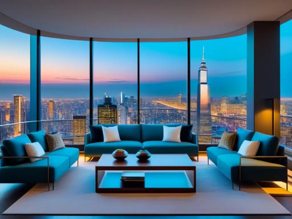 Penthouse de lujo con vista panorámica a la ciudad Vista de penthouse moderno con ventanales de piso a techo sobre la ciudad, diseño sofisticado y concepto abierto