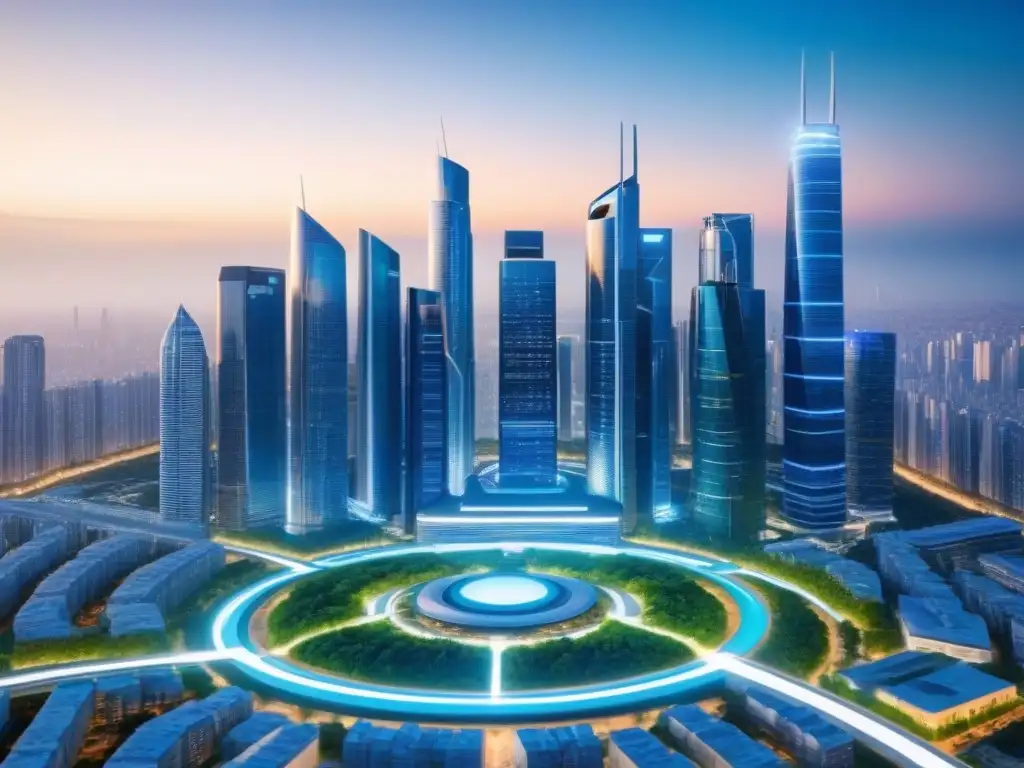 Metrópolis futurista: IA y real estate en armonía Una vista ultradetallada y futurista de una ciudad con rascacielos, edificios transparentes y drones AI
