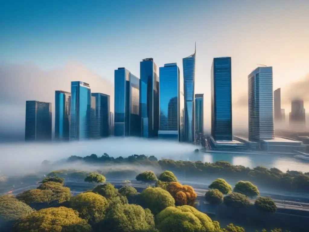 Skyline urbano: éxito en inversión inmobiliaria comercial Vista urbana con arquitectura moderna, profesionales exitosos y cielo azul claro