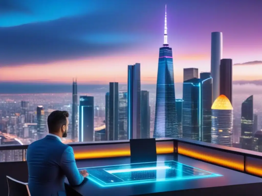 Horizonte urbano futurista: inversión inmobiliaria en la ciudad Vista urbana al atardecer con profesionales y hologramas, reflejando inversiones en alquileres: tendencias futuras