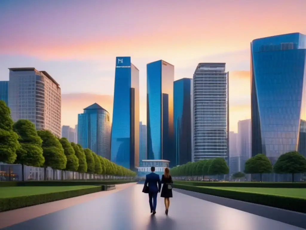Horizonte urbano moderno al atardecer: mercado inmobiliario en acción Vista urbana al atardecer con rascacielos de vidrio y profesionales en ajetreada calle
