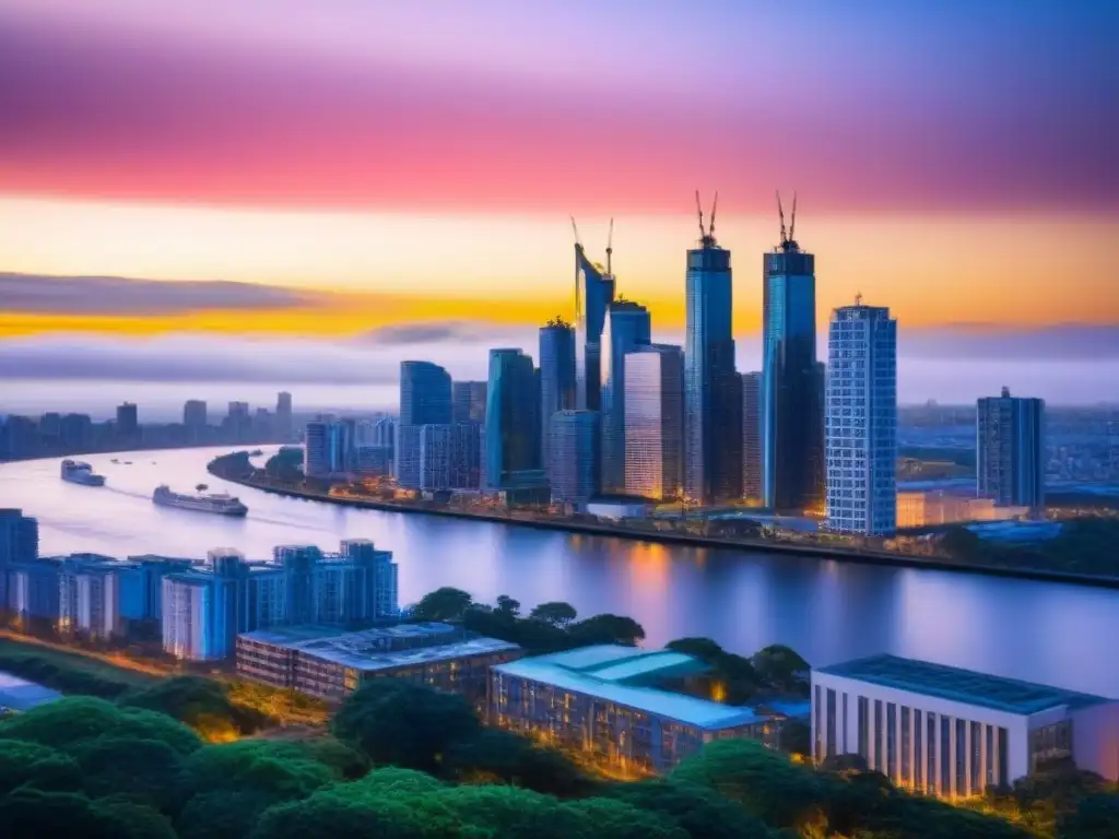Horizonte urbano al atardecer: propiedades en la ciudad Vista urbana al atardecer con rascacielos iluminados, río reflejando el cielo colorido y propiedades residenciales y comerciales