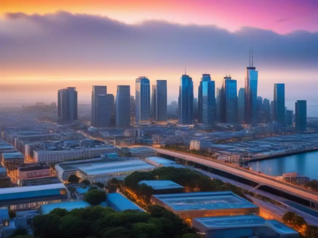 Horizonte urbano dinámico al atardecer: crecimiento inmobiliario Vista urbana al atardecer con rascacielos iluminados, calles llenas de autos y cielo colorido, simbolizando potencial inmobiliario