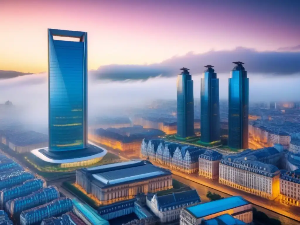 Mezcla arquitectónica: ciudad europea futurista y tradicional Vista urbana europea: rascacielos futuristas junto a edificios históricos