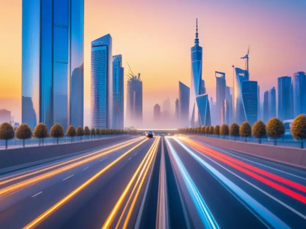 Horizonte urbano futurista al atardecer: innovación 2023 Vista urbana futurista al atardecer con rascacielos reflectantes y transporte ecológico