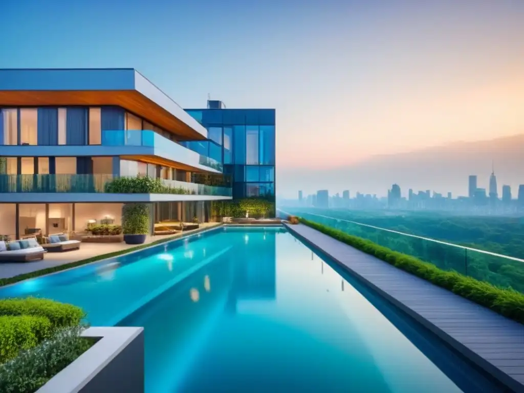 Edificio de lujo con vistas urbanas y naturaleza exuberante Vista urbana desde lujoso edificio con piscina en terraza