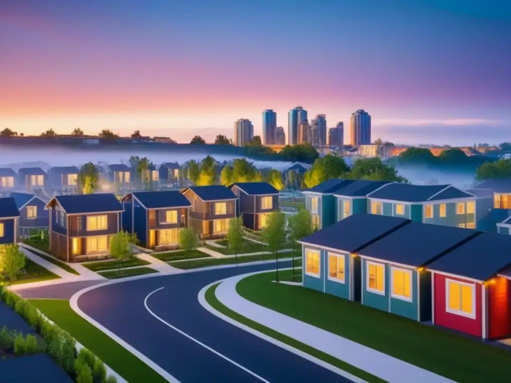 Complejos habitacionales inclusivos al atardecer Vista urbana moderna al atardecer con viviendas asequibles y espacios verdes, reflejando inversión en viviendas asequibles