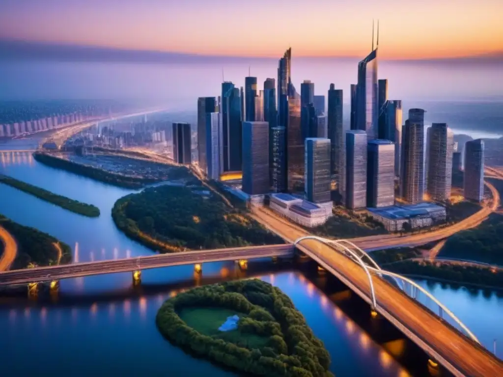 Horizonte urbano moderno al atardecer: reflejo de rascacielos en cálido sol Vista urbana moderna al atardecer con rascacielos de vidrio y redes de autopistas iluminadas, reflejando la normativa local tasas interés préstamo
