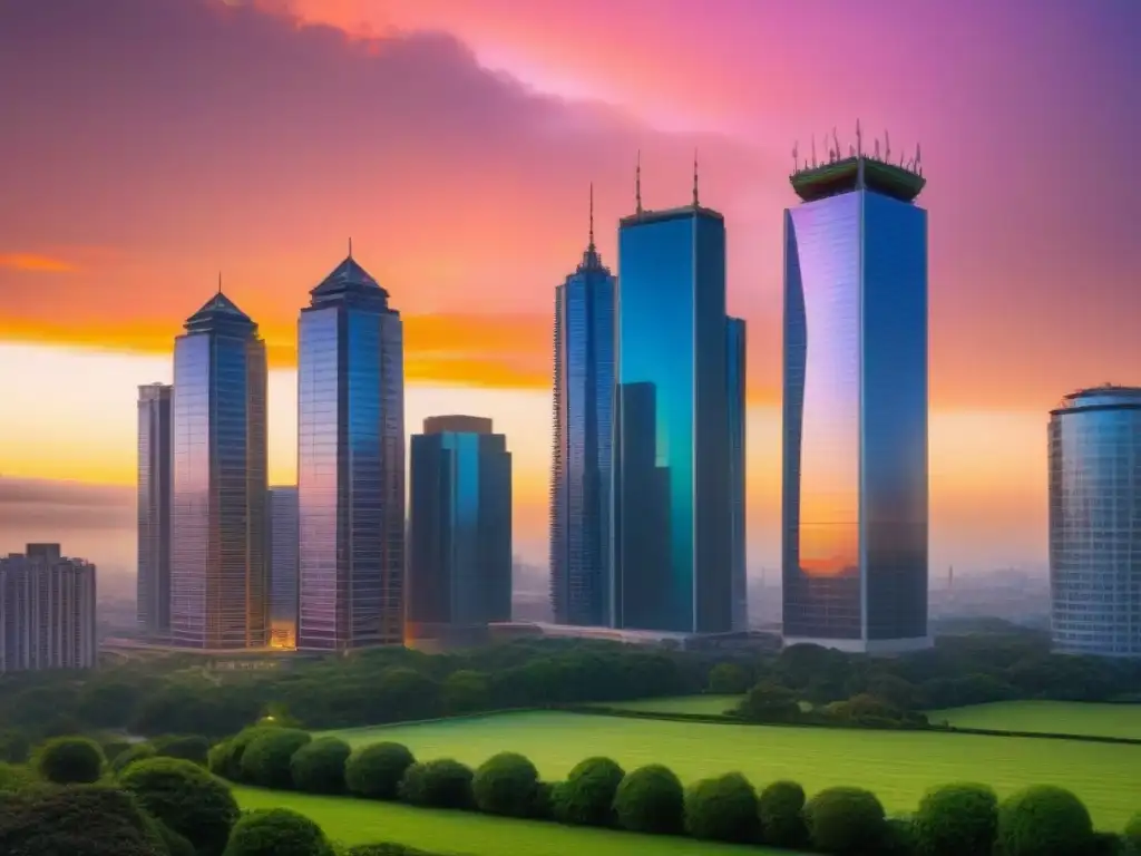 Vista urbana moderna al atardecer con rascacielos y áreas verdes, reflejando normativa local inversión inmobiliaria