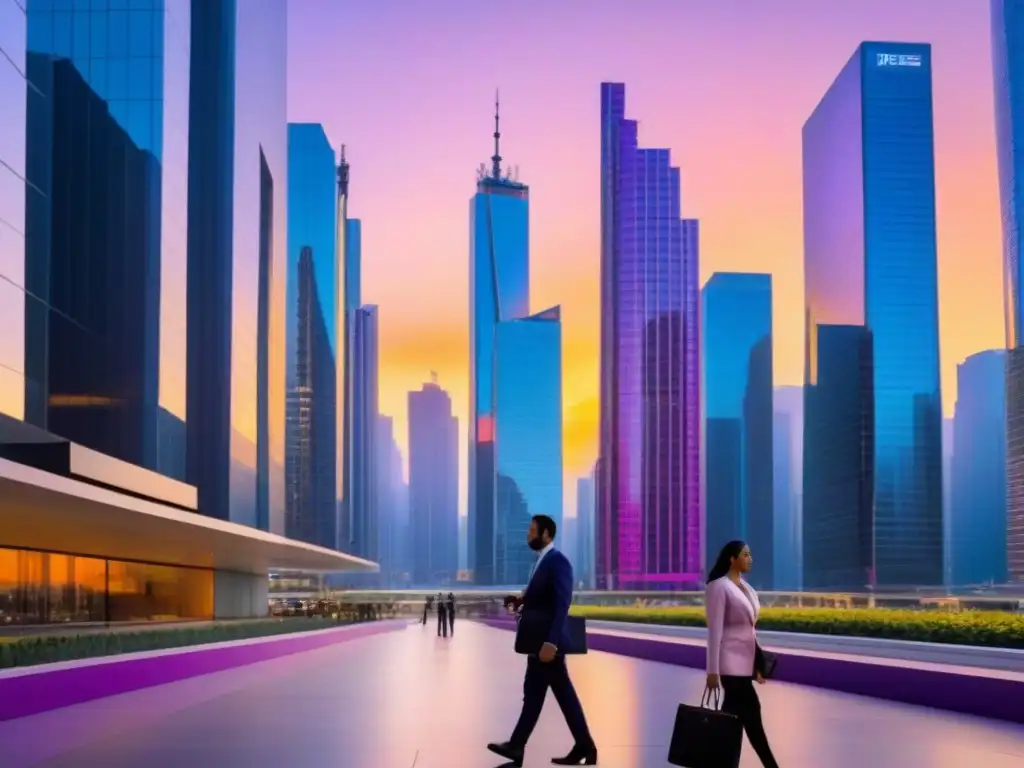Atardecer urbano: innovación y progreso en la industria inmobiliaria Vista urbana moderna al atardecer con rascacielos brillantes y cielo colorido, reflejando adaptación a regulaciones inmobiliarias