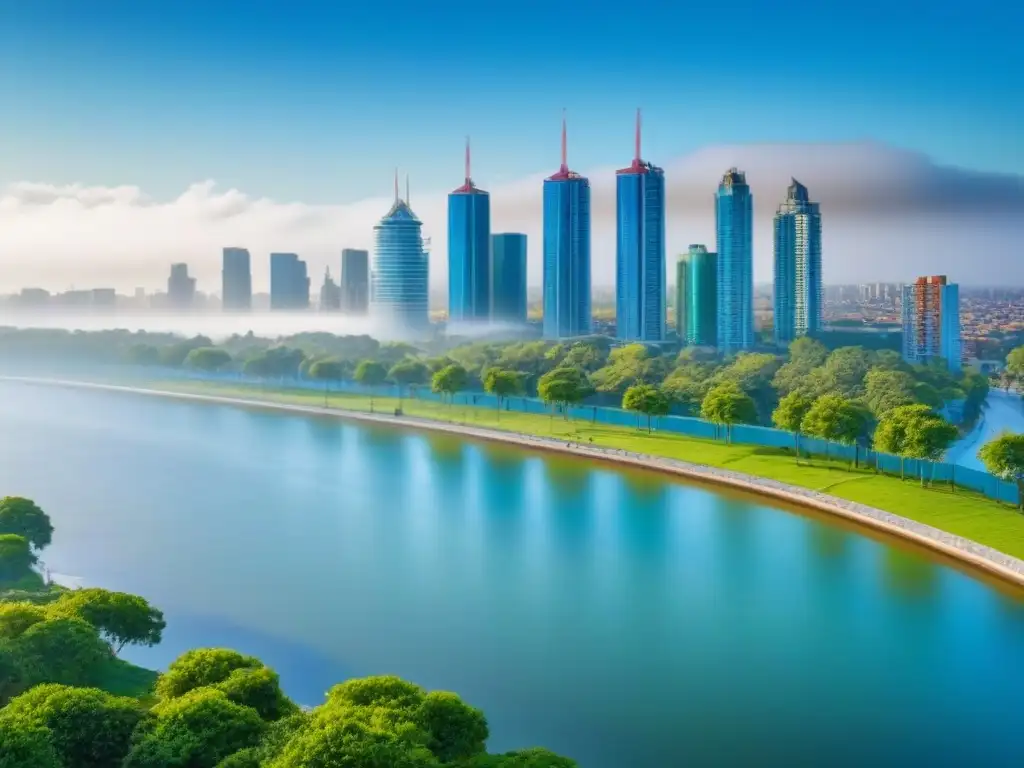 Skyline urbano con diversidad de viviendas y espacios verdes Vista urbana moderna con diversidad de viviendas y áreas verdes, reflejando políticas de vivienda en inversión