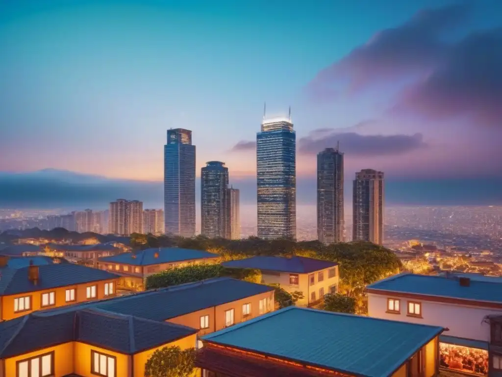 Skyline urbano moderno al anochecer: luces y dinamismo inmobiliario Vista urbana moderna al anochecer, reflejando la energía vibrante de la vida citadina