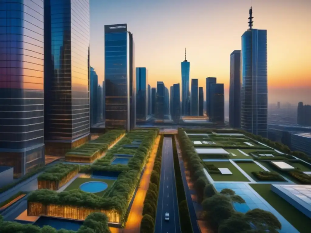 Vista urbana moderna con rascacielos iluminados por el sol poniente, fusionando naturaleza y tecnología