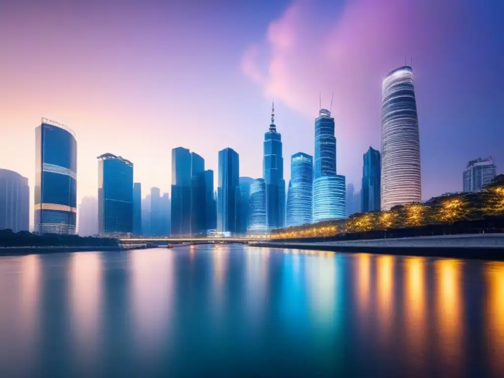 Horizonte urbano: financiamiento inmobiliario en ciudades prósperas Vista urbana moderna al anochecer con rascacielos iluminados y un río sereno, reflejando prosperidad en financiamiento inmobiliario en regiones