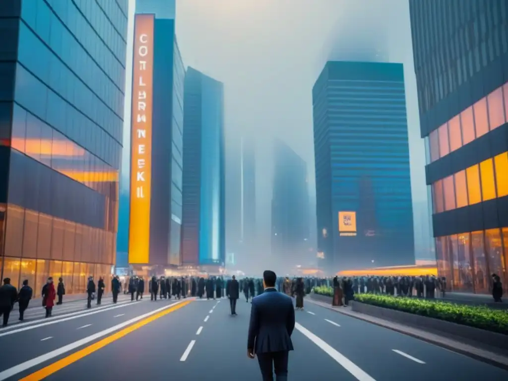 Horizonte urbano moderno al anochecer: dinamismo en real estate Vista urbana moderna al anochecer con rascacielos iluminados, gente de negocios y la evolución de la normativa local financiamiento inmobiliario