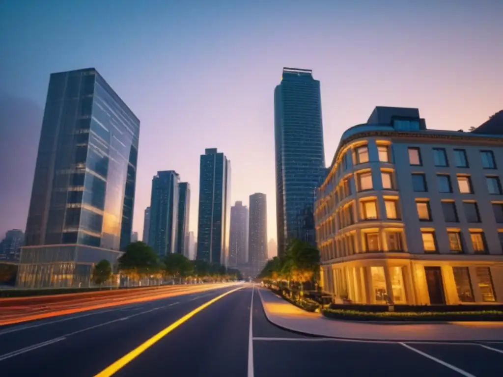 Horizonte urbano futurista al atardecer: seguro, sofisticado y vibrante Vista urbana moderna al anochecer con rascacielos iluminados por el sol