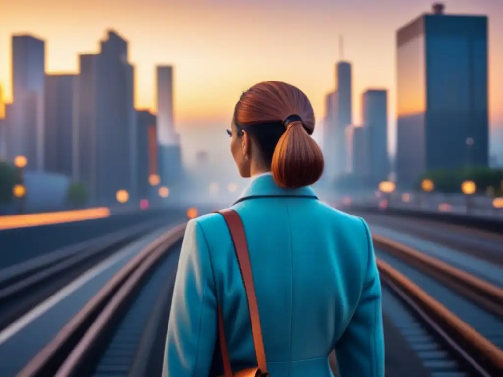 Metrópolis moderna al anochecer: dinamismo urbano y prosperidad Vista urbana moderna al anochecer, con rascacielos, calles transitadas y transporte público integrado, en un entorno seguro y próspero