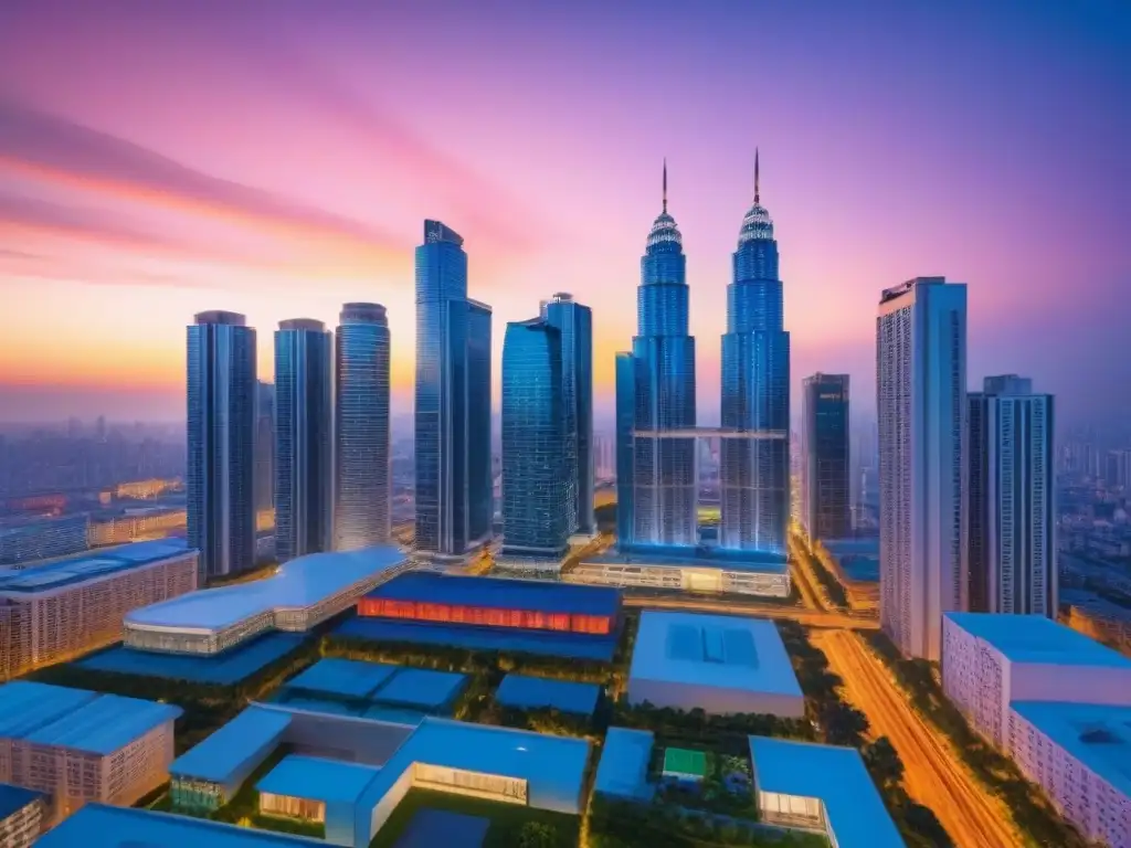 Horizonte urbano moderno al atardecer en 8k Vista urbana moderna al anochecer con rascacielos iluminados, reflejando el sol y transmitiendo Beneficios fiscales inversiones inmobiliarias