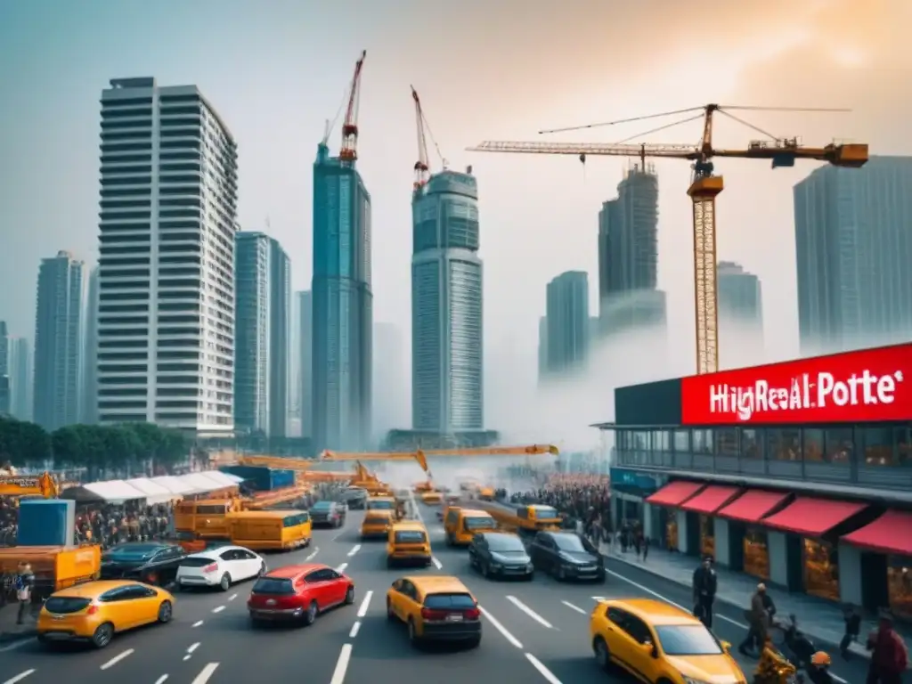 Metrópolis vibrante: mercado inmobiliario en auge y regulaciones de consumo Vista urbana con rascacielos, calles llenas de gente y grúas de construcción