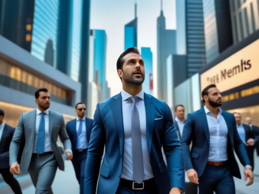 Vibrante ciudad financiera con rascacielos y REITs Vista urbana con rascacielos comerciales y profesionales en traje de negocios, mostrando un entorno económico dinámico de REITs comerciales