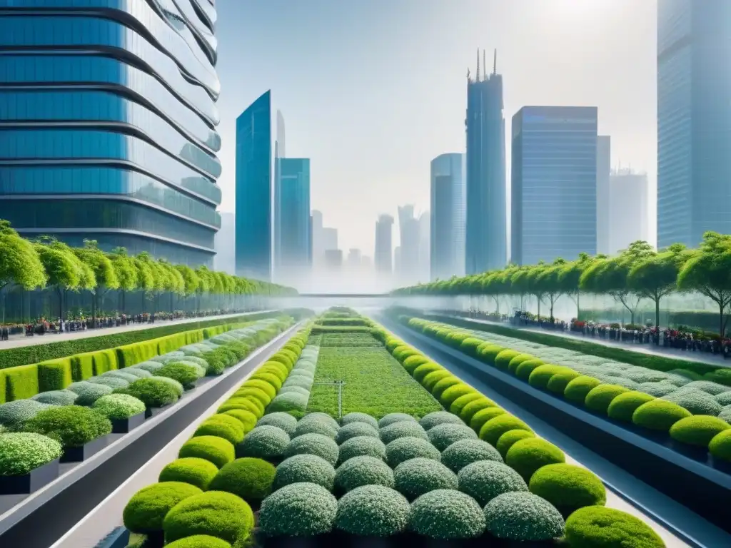 Metrópolis futurista con rascacielos verdes y energía renovable Vista urbana con rascacielos futuristas y jardines verticales, reflejando el Financiamiento Verde en Inmobiliaria