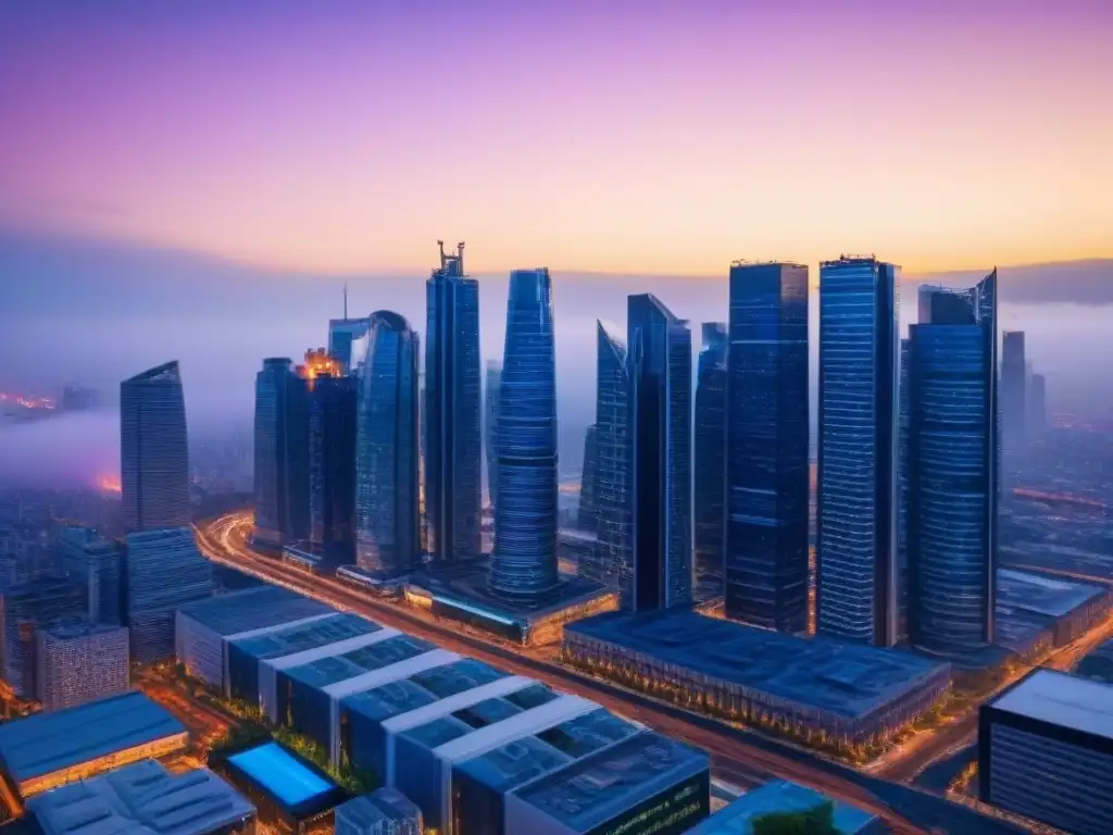 Oficina Proptech futurista en ciudad tecnológica Vista urbana con rascacielos iluminados al anochecer y edificio Proptech futurista
