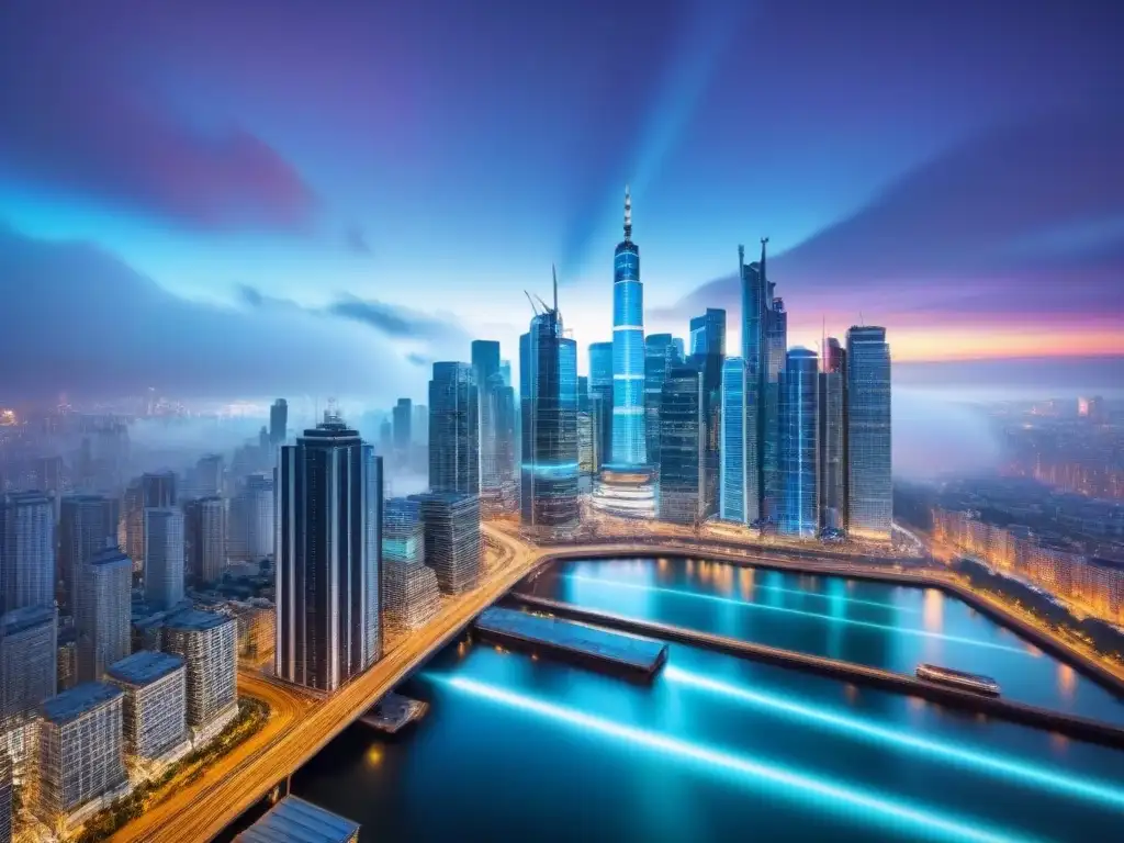 Vista urbana al anochecer con rascacielos modernos y plataforma inmobiliaria online futurista