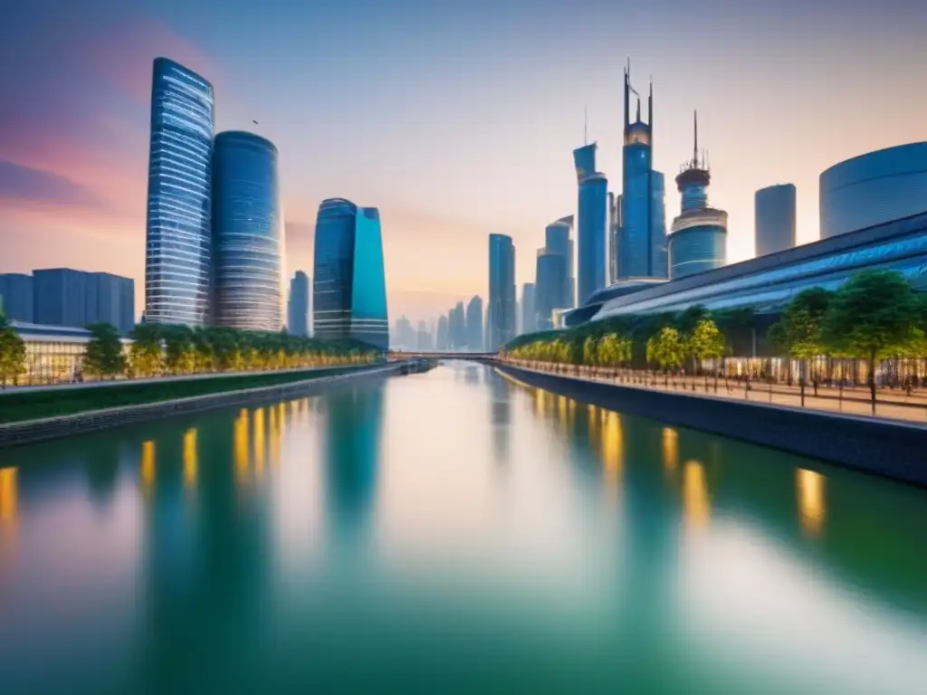 Metrópolis sostenible: armonía entre naturaleza y modernidad Vista urbana al anochecer, reflejos en río, arquitectura moderna y naturaleza