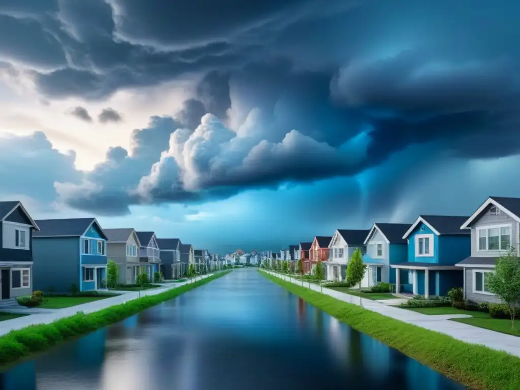 Vecindario moderno con medidas de protección ante desastres Vista de vecindario moderno con nubes de tormenta