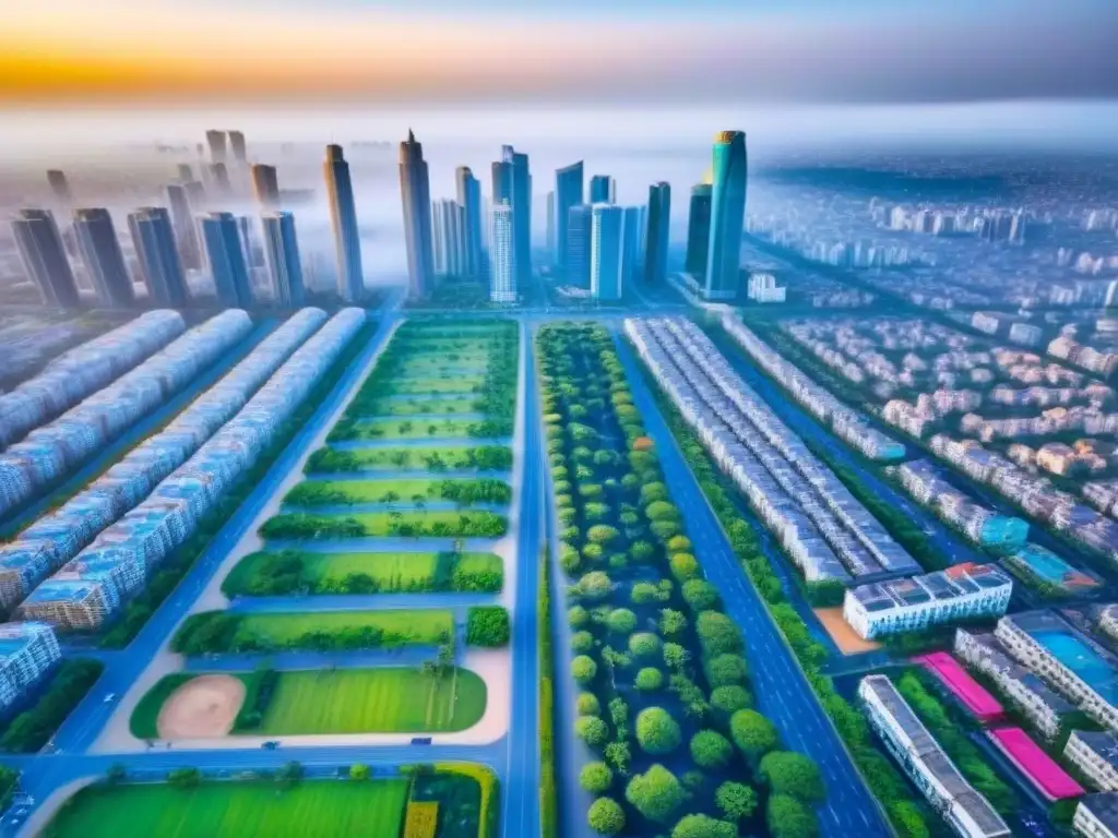 Metrópolis africana en crecimiento: oportunidades inmobiliarias en África Vista aérea vibrante de una ciudad africana en crecimiento con rascacielos modernos y parques verdes, mostrando el potencial inmobiliario en África