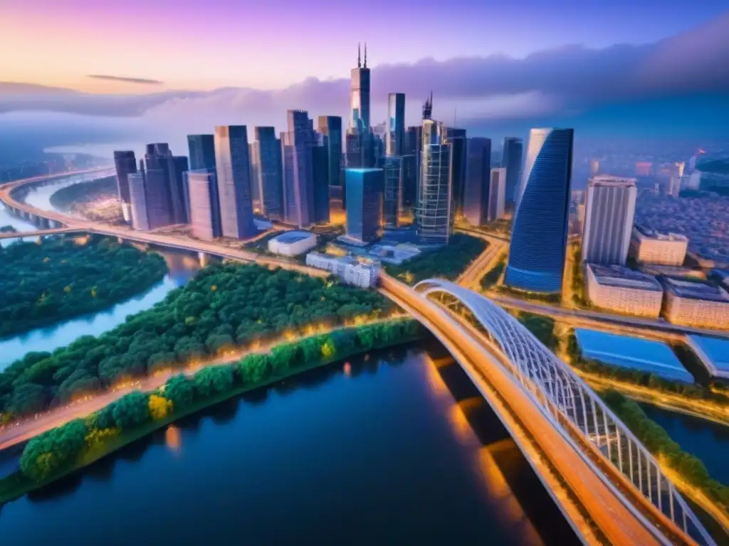 Espectacular metrópolis iluminada: crecimiento urbano y conectividad Vista aérea vibrante de ciudad al atardecer, con rascacielos iluminados, carreteras y puentes transitados